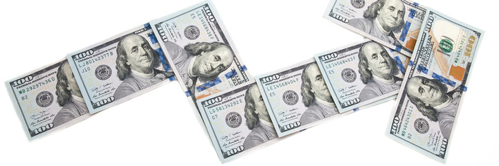 Arrow chart showing the income from the bills of one hundred dollars. On a white background.