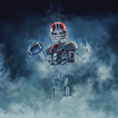 The phantom football quarterback / 3D illustration of scary skeleton with American football, helmet and shoulder pads emerging through smoke