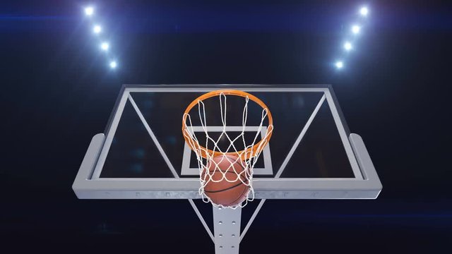 Professional Throw Basketball Hoop Slow Motion Player View. Beautiful Ball Flight into Basket Net Stadium Lights. Sport Concept. 3d Animation 4k Ultra HD 3840x2160.