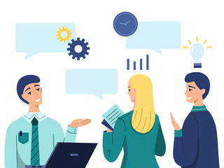 Project idea presentation vector illustration. Managers man and woman presenting work report or business marketing research documents to director or client with speech chat bubbles