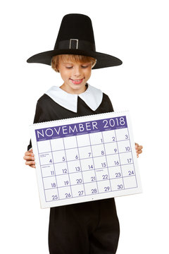 Thanksgiving: Pilgrim Holding Calendar for 2018