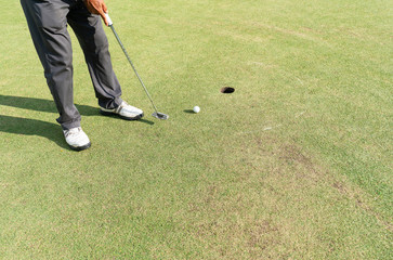 Golfer preparing for a putt on the green during golf course. Golf ball on the green close to the hole.
