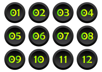 Set of buttons with numbers from 01 to 12. Vector illustration