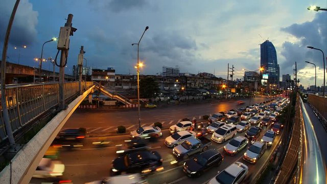 Congestion traffic on Rama IV road at Bangkok, Thailand taken by fisheye lens