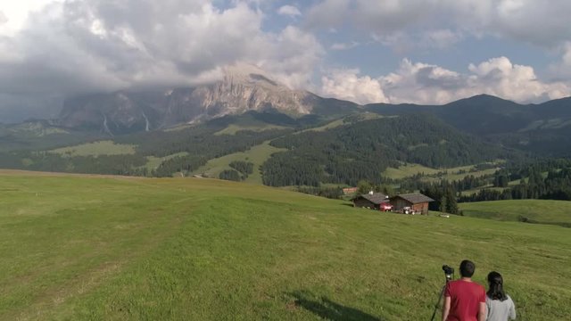 Aerial Drone video of the Sassolungo mountains on the Italian Alps Dolomites