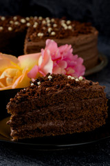 Sweet dark brown chocolate cake with decoration