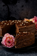 Sweet dark brown chocolate cake with decoration