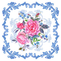 Bouquet of pink roses and forget-me-nots in a lace frame, watercolor drawing on a white background, isolated with clipping path. Decorative element with flowers and ornament for greeting cards, etc.