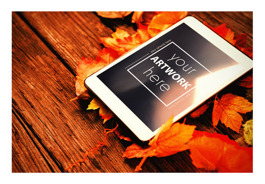 Tablet on Fall Leaves Mockup