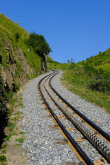 Cog railway tracks on a mountain in Switzerland