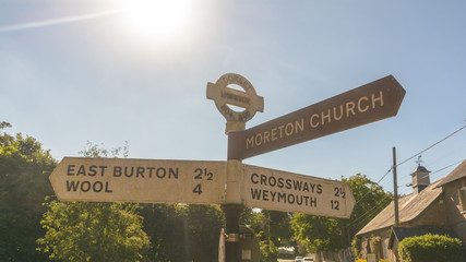 English Dorset Road Name Direction Sign C, East Burton, Wool, Moreton Church, Crossways, Weymouth - 215268715