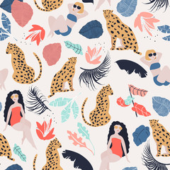 Tropical Girls with Cheetah seamless pattern. Summer paradise in tropical jungles with wild animal, beautiful girl, and fantastic florals. © lidiebug
