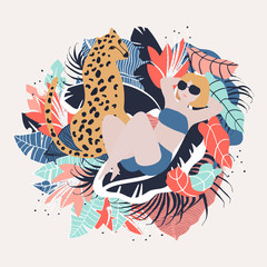 Yellow Hair Tropical Girl with Cheetah. Summer paradise in tropical jungles with wild animal, beautiful girl, and fantastic florals. © lidiebug