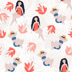 Tropical Girls with flowers seamless pattern. Summer paradise in tropical jungles with beautiful girl, and fantastic florals. © lidiebug