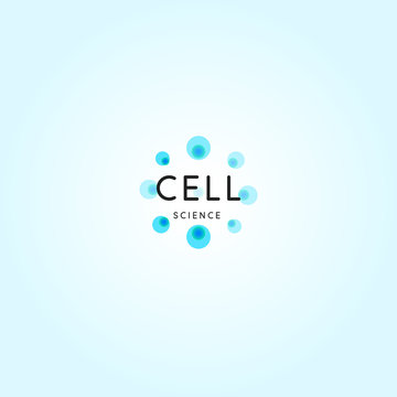 Cell abstract logo, science design element, round blue bubbles, isolated chemical logotype template on blue background.