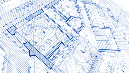 Architecture design: blueprint plan - illustration of a plan modern residential building / technology, industry, business concept illustration: real estate, building, construction, architecture