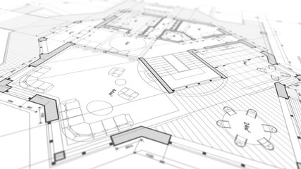 Architecture design: blueprint plan - illustration of a plan modern residential building / technology, industry, business concept illustration: real estate, building, construction, architecture