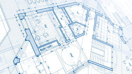 Architecture design: blueprint plan - illustration of a plan modern residential building / technology, industry, business concept illustration: real estate, building, construction, architecture