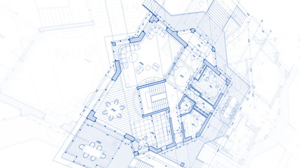 Architecture design: blueprint plan - illustration of a plan modern residential building / technology, industry, business concept illustration: real estate, building, construction, architecture