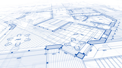 Architecture design: blueprint plan - illustration of a plan modern residential building / technology, industry, business concept illustration: real estate, building, construction, architecture