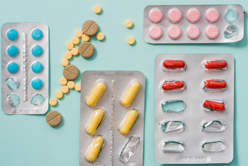 Full frame variation of medicine in blister packaging in pharmaceutical, medication concept...
