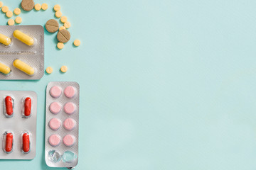 Full frame variation of medicine in blister packaging in pharmaceutical, medication concept background with multiple dosage form for cure or treatment human disease