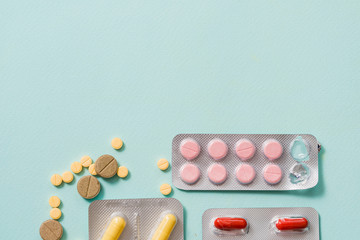 Full frame variation of medicine in blister packaging in pharmaceutical, medication concept background with multiple dosage form for cure or treatment human disease