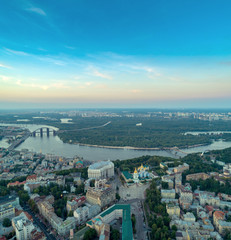 Panoramic Aerial view of Sofievskaya Square and St. Sophia Cathedral and the Dnieper River in the background in Kiev, Ukraine. Tourist Sight. Ukrainian baroque