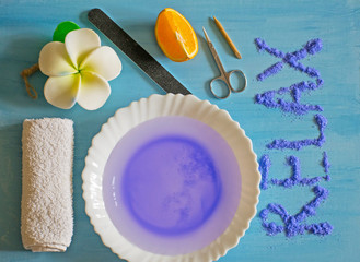 Nail Care. Manicure at home. A set of tools for manicure. Hands and spa relaxing.