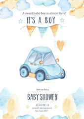 Watercolor its baby boy shower with cute blue car auto garland