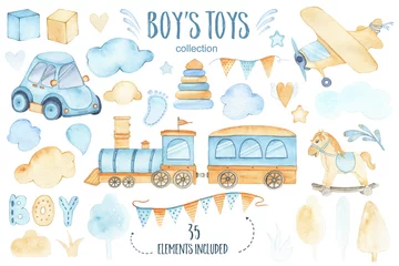 Fototapeten Wasserfarbene Jungenspielzeug-Babyparty-Set mit Autoflugzeug-Zuggirlande und Baumwolken © madiwaso