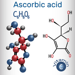 Ascorbic acid (vitamin C). Structural chemical formula and molecule model