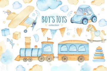 Foto auf Acrylglas Jungenzimmer Aquarell Jungen Spielzeug Baby-Dusche-Set mit Auto-Flugzeug-Zug-Girlande und Baumwolken