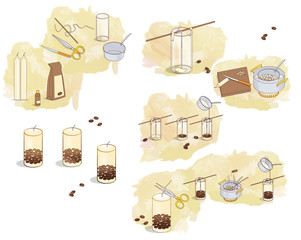 Master class for making an aromatic candle with coffee beans. Against the background of an abstract watercolor stain.