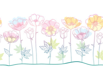 Vector seamless pattern of outline Anemone flower or Windflower, bud and leaf in pastel pink, orange and blue color on the white background. Ornate contour Anemones for spring or summer design.