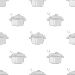 Pan in cartoon style on a white background. Food and cooking. Seamless vector pattern.