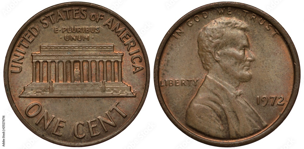 Wall mural united states coin 1 one cent 1972, lincoln memorial, face value below, bust of lincoln right, - Wall murals