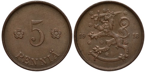 Finland Finnish Suomi coin 5 five penny 1918, digit of face value flanked by floral rosettes, lion with sword divides date, sheath below, 