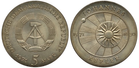 East Germany coin 5 five mark 1971, hammer and compass flanked by ears, subject Johannes Kepler,...
