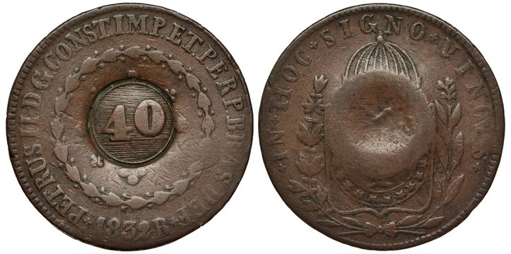 Brazil Brazilian coin 40 reis 1835, Ico Province, overprint on coin of 1832, face value in center within wreath, date below, crowned shield flanked by branches, 