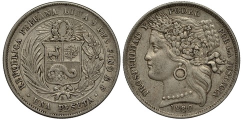 Peru, Peruvian silver coin 1 one peseta 1880, shield with tree, lama and horn of plenty flanked by...