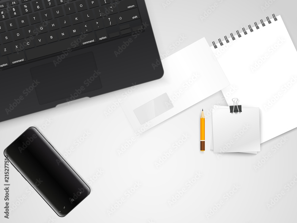 Poster office working place with different accessories. top view
