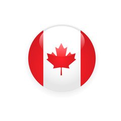 Canada flag round button with maple leaf on white background