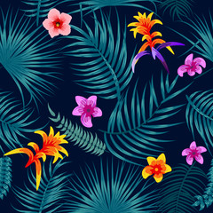 Fototapeta na wymiar Tropical leaves and flowers seamless pattern, vector