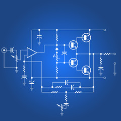 Electric circuit or electrical network on blue background