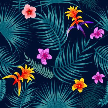 Tropical leaves and flowers seamless pattern, vector