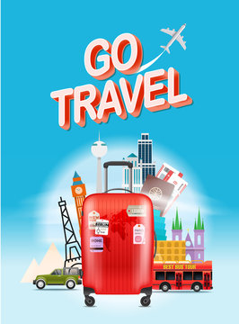 Vacation travelling concept. Go travel. Vector travel illustration with red bag. Vertical composition