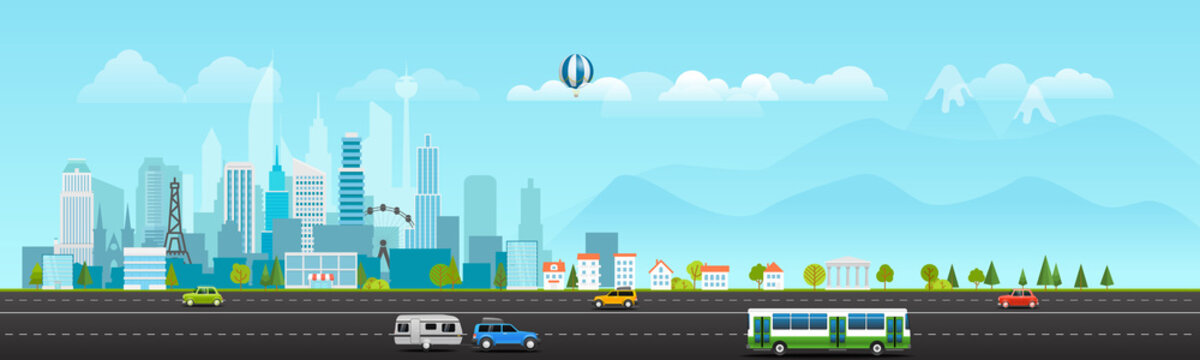 Landscape with buildings, mountains and vehicles. City life illustration
