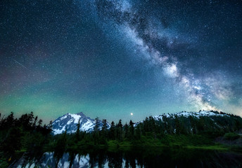 The Milky Way, meteors and Northern Lights above Mount Shuksan reflected in Highwood Lake, Mount Baker-Snoqualmie National Forest, Washington State