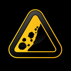 Rockfall triangular traffic sign on black background - rockslide icon